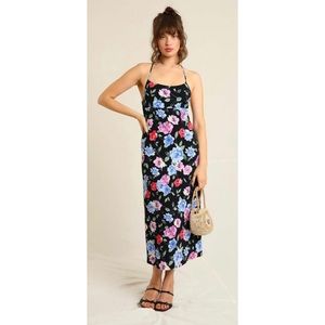 Rouje Annick Floral Dress Black Midi Spaghetti Straps Crossover Back New Size 36